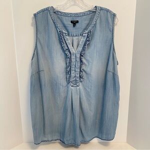 Talbots Women's Blue Chambray Sleeveless V-Neck Ruffle Top Size 2X